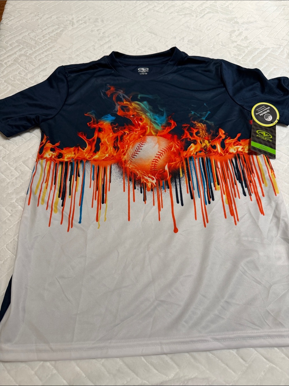 Athletic Works Navy Blue and White Flaming Baseball Graphic Performance Tee